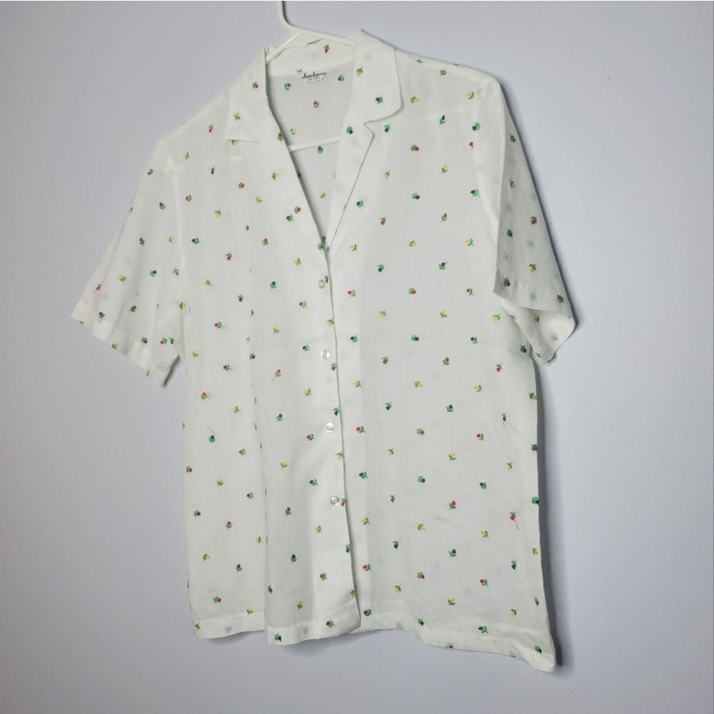 Jamboree 16 Sheer Button Down Blouse White Embroidered Flowers Vintage